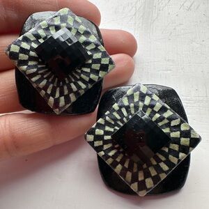 Vtg Oversized Green Black Geometric Clip-on Earrings